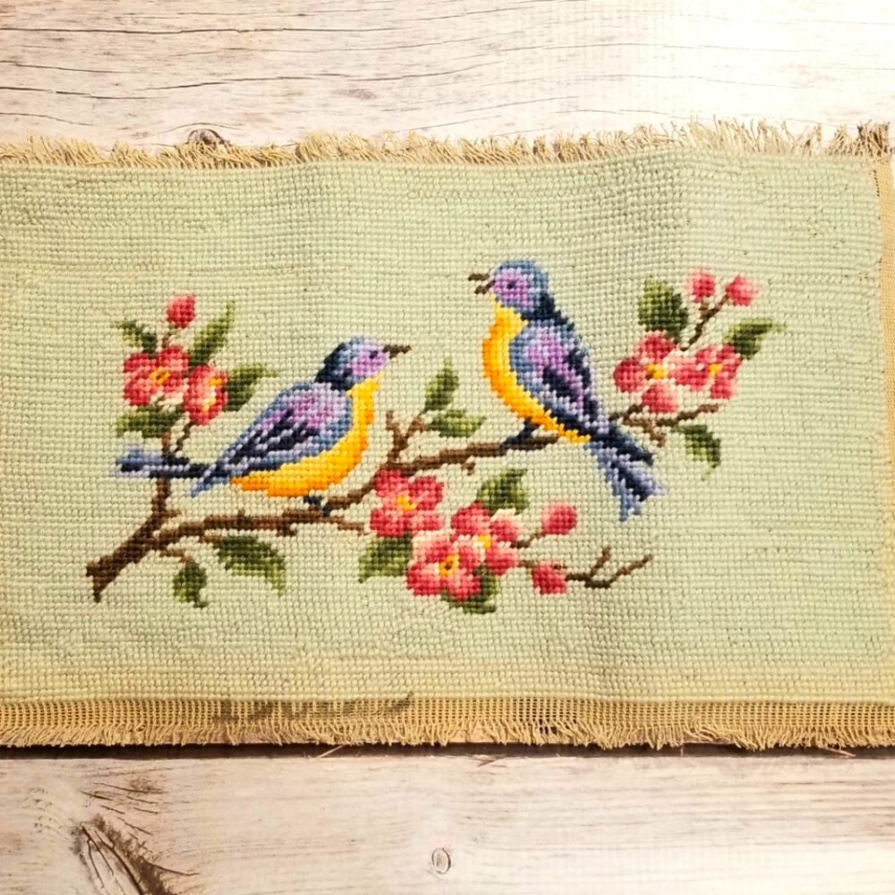 Vintage needlepoint birds on cherry tree